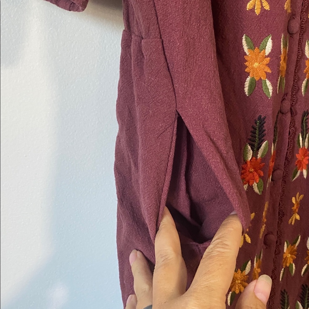 Roolee Women's Honey & Pine linen blend Floral Embroidery midi Dress medium - Picture 5 of 13